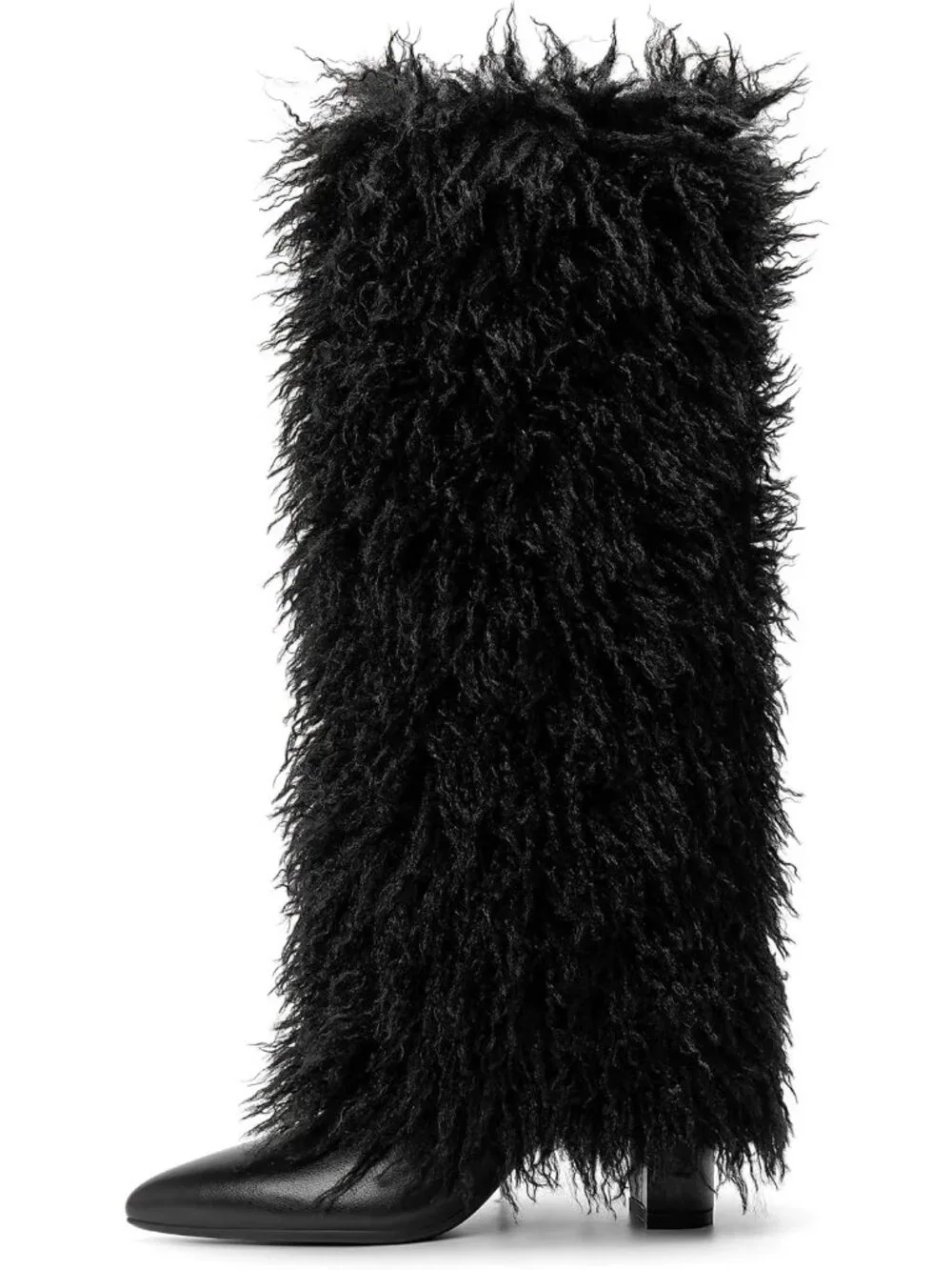 Women's Black Fur Stylish Fashion Pointed Toe Side Zipper Fold Over Tall Boots